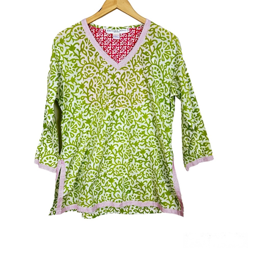 Gretchen Scott Designs Cotton Green Abstract Floral Tunic Top Women’s Sz Large‎